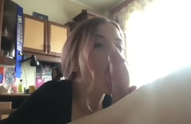 Beautiful Russian student in stockings diligently doing blowjob son